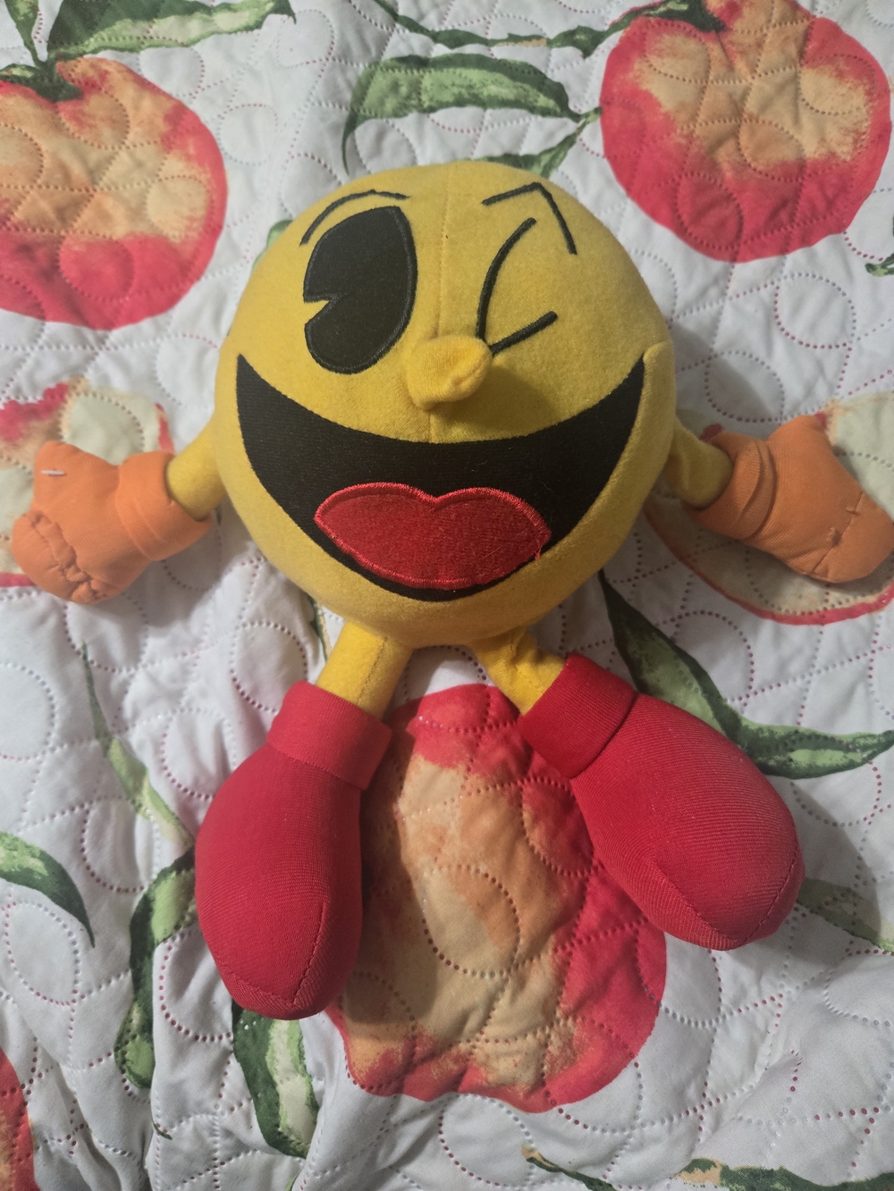 Yellow Winking Pac-Man Style Plush Toy with Red Boots
